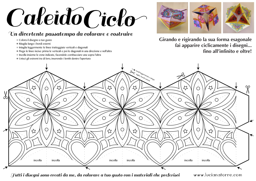 download caleidociclo DIY 1

DIY kaleidocycle with mandala drawings by Luciana Torre Art. At https://lucianatorre.com/shop/caleidociclo/ download 6 DIY kaleidocycle models to build and play. Each kaleidocycle allows infinite possibilities of color combinations! Detailed instructions with step by step photos. Step 1 Color | Step 2 Ritaglia | Step 3 Piega | Step 4 Incolla. Experiment with your favorite materials and have fun creating unique kaleidocycles!