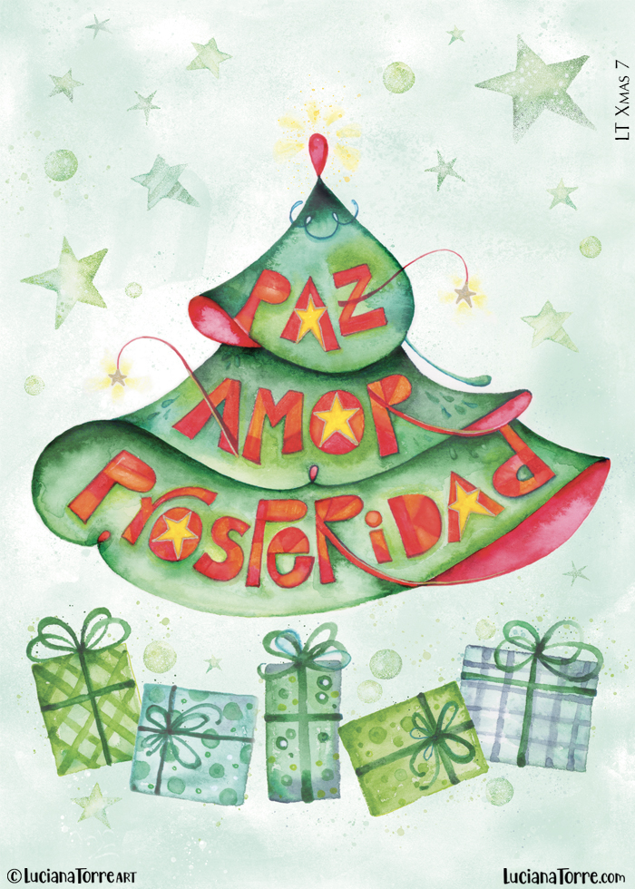 illustrated hand draw lettering in Spanish greetings for paz amor y prosperidad as an alternative christmas tree in retro style hand painted in watercolour by Luciana Torre Art. boho holiday winter design with gifts under the christmas tree illustrated in traditional christmas colours red and pastel green created by Luciana Torre Art for licensing