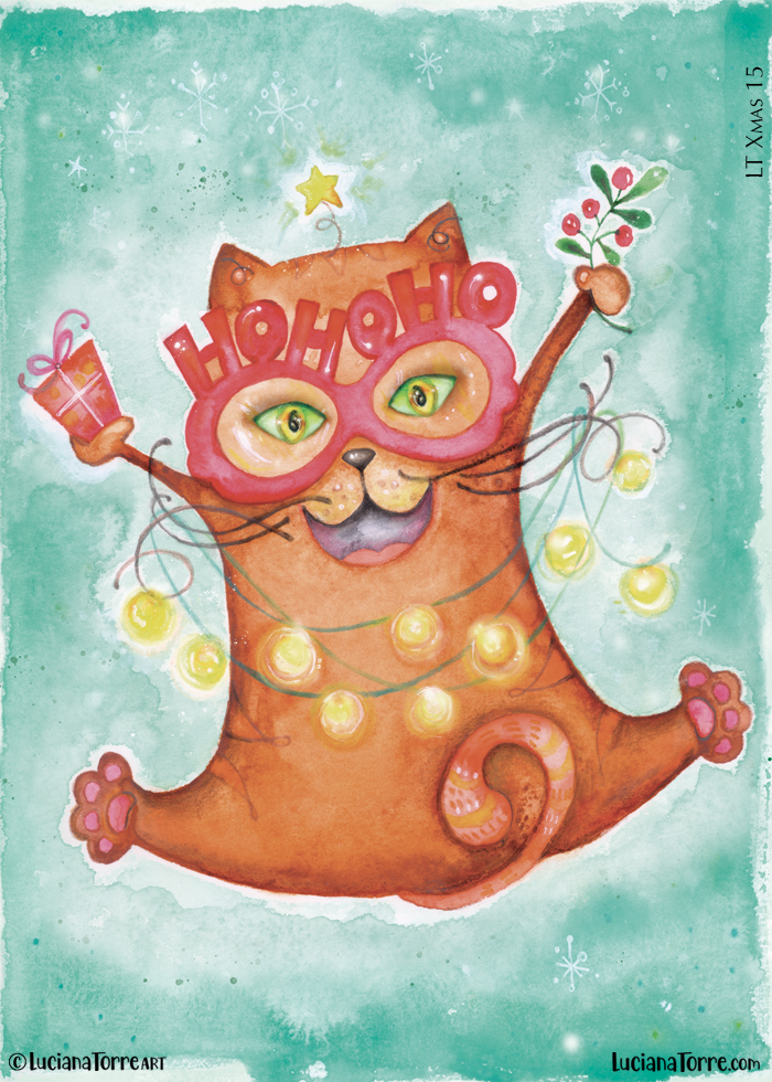HoHoHo! cheerful weird cat with funny christmas glasses jumping with string lights and mistletoe. humor cute animal illustration with festive hand drawn lettering red and green christmas colours. Seasonal design and watercolour illustration by Luciana Torre Art for licensing