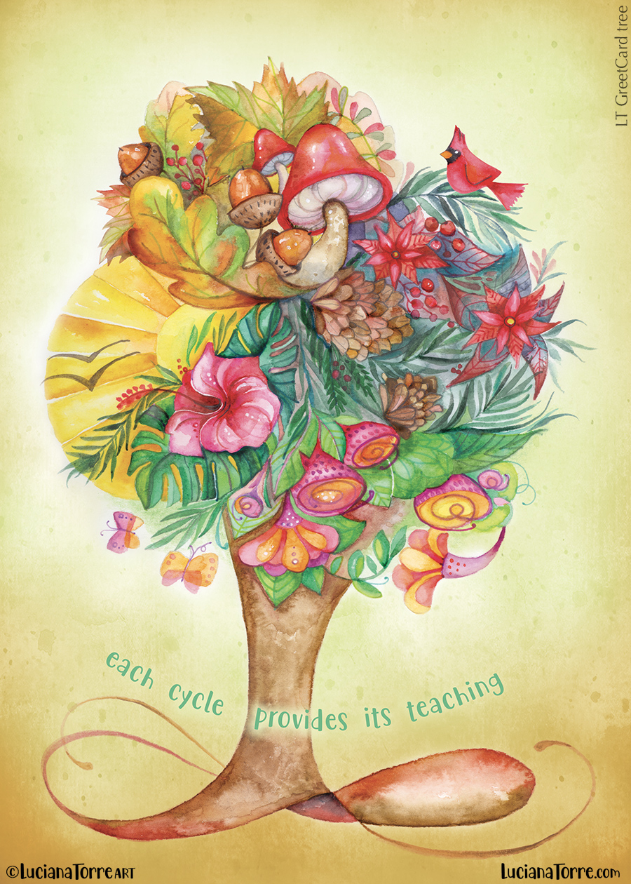 cozy tree of life four seasons botanical illustration - Luciana Torre is a freelance illustrator who create feminine illustration, cute hand lettering and trendy repeat pattern design collections for licensing art on products - hello@lucianatorre.com - Luciana Torre Art is Member of Illustrators For Hire artist directory Art for products as greeting cards, stationery, textile and fabrics, home decor, gifts and paper goods.