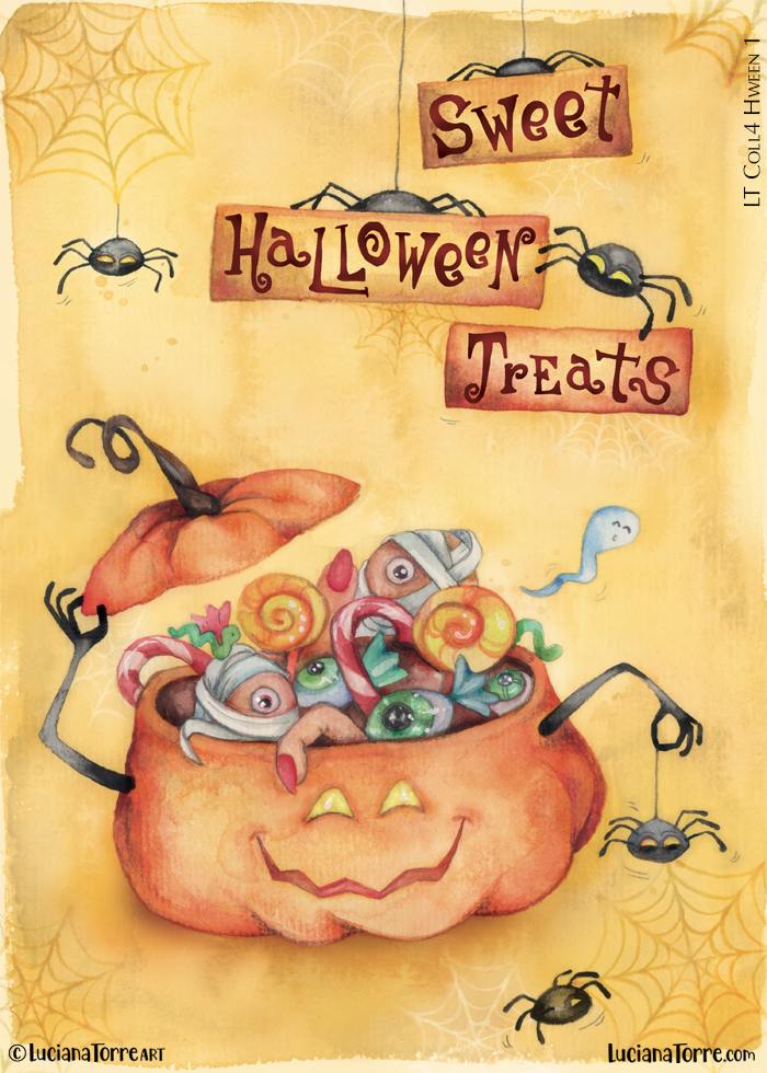 creepy smiling halloween pumpkin full of sweet spooky candies and friendly ghost having fun under the chilling hand draw lettering Sweet Halloween Treats held up by mischievous black spiders. fun spooky halloween design hand painted by Luciana Torre Art food illustration FOR LICENSING 
