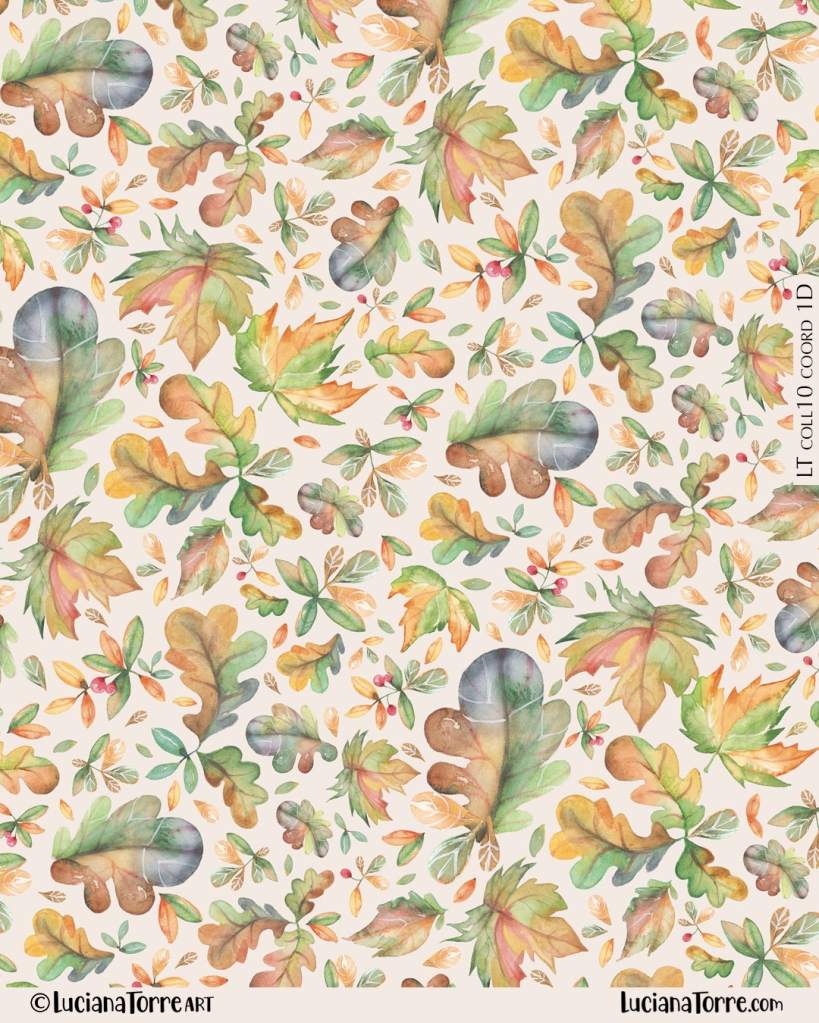 romantic naif autumn pattern fall leaves repeat in earthy green and pastel yellow is a hand painted watercolour illustration by Luciana Torre Art for LICENSING
