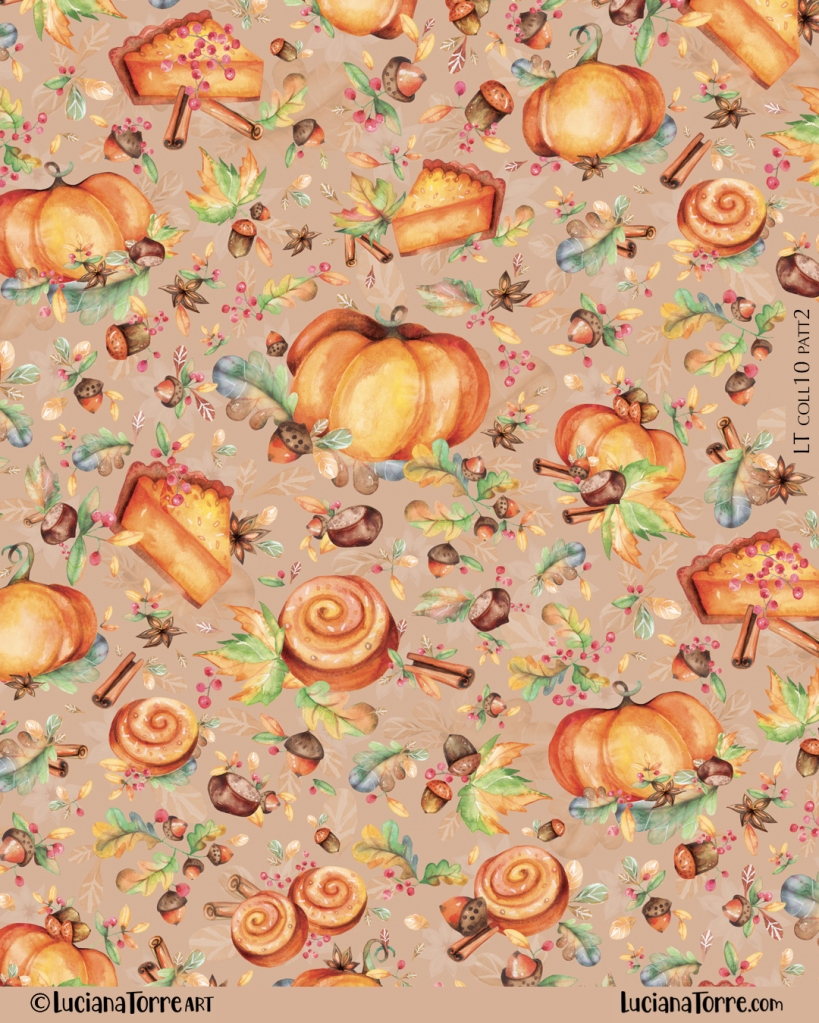 bohemian autumn pattern repeat for pumpkin lovers filled with cakes, pies, cinnamon rolls and nuts. feminine fall comfort food icons hand painted in watercolour in retro style in earthy color palette of orange and golden yellow by Luciana Torre Art 