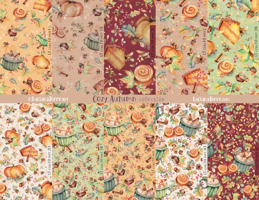 cozy autumn comfort food fall pattern repeat collection for pumpkin lovers with cinnamon rolls and nuts painted in earthy colours of orange yellow and brown red by Luciana Torre Art