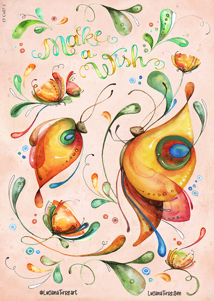 bohemian butterfly and moth floral birthday hand lettering in pastel pink orange by Luciana Torre Art - whimsical naif motifs from my original botanical illustration of butterflies, ladybugs and moths with feminine florals birds and blooms. Pastel colours and vibrant accents with organic hand lettering quotes by Luciana Torre Art 
