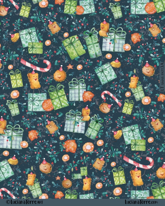 happy christmas and joyful winter holidays design of cheerful ginger bread cookies on candy sugarcane and gifts. hand painted winter comfort food illustration on festive pattern print in Christmas red and green colours on dark blue. Cozy seasonal design of funny Christmas decorations and winter icons by food illustrator Luciana Torre Art