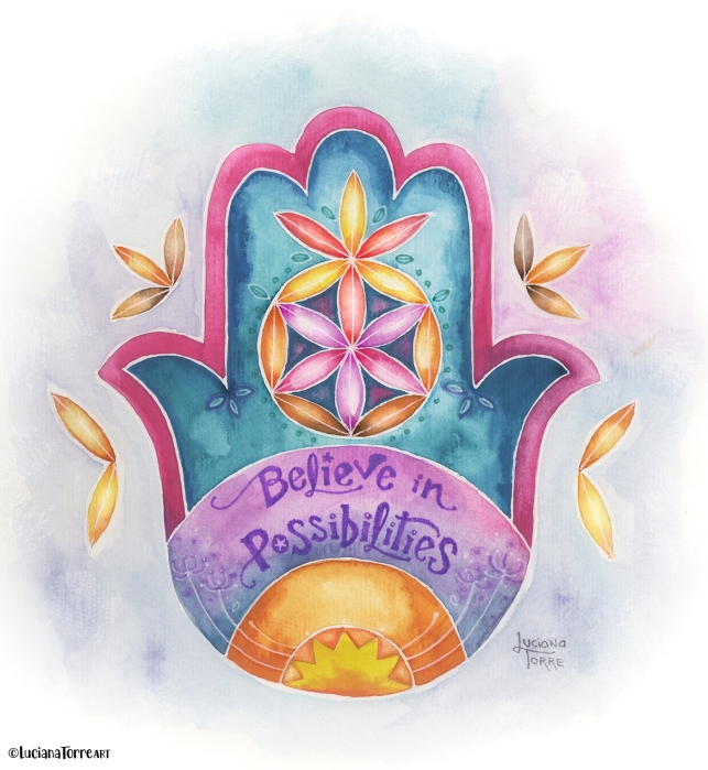 hamsa hand design hand painted in watercolours in pink purple violet blue with golden flower of life illustration and uplifting positive quote of self care hand drawn by lettering artist Luciana Torre Art. boho design of sacred geometry art with joy and peace for home decor and wall art.