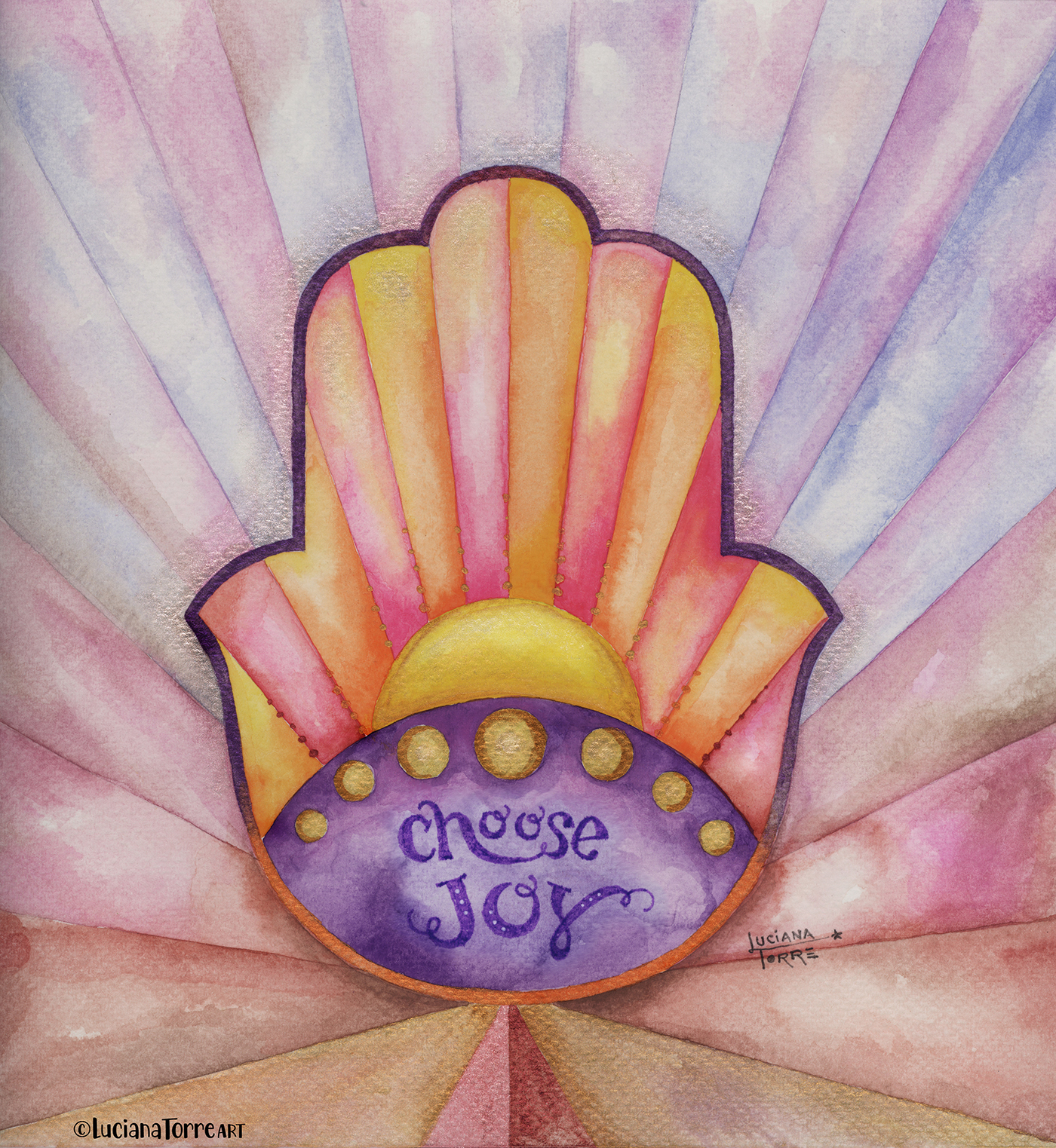 mandala design hand painted in watercolours in earthy orange pink purple violet and golden yellow. boho illustration of sacred geometry art with uplifting positive quote of self care hand drawn by lettering artist Luciana Torre Art ideal for home decor and wall art.