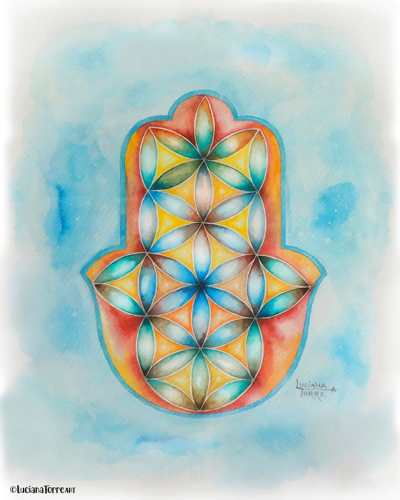 hamsa hand Illustration hand painted in watercolours in pastel yellow and baby blue with mandala flower of life illustration. modern boho design of sacred geometry art by lettering artist Luciana Torre Art ideal for home decor and wall art.