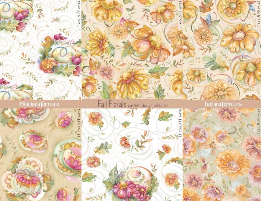 cool autumn floral fall flowers earthy orange pink daisies. elegant fall florals design collection in earthy natural colours with autumn flowers and falling leaves. Bohemian bouquet of autumn florals prints in pattern repeat hand painted in watercolours by floral artist Luciana Torre Art. FALL FLORALS REPEAT PATTERN DESIGNS of modern autumn floral pastel design in earthy green and ocher brown with golden yellow chrysanthemum and pink rose daisies with fall leaves ideal for home decor and paper goods.
