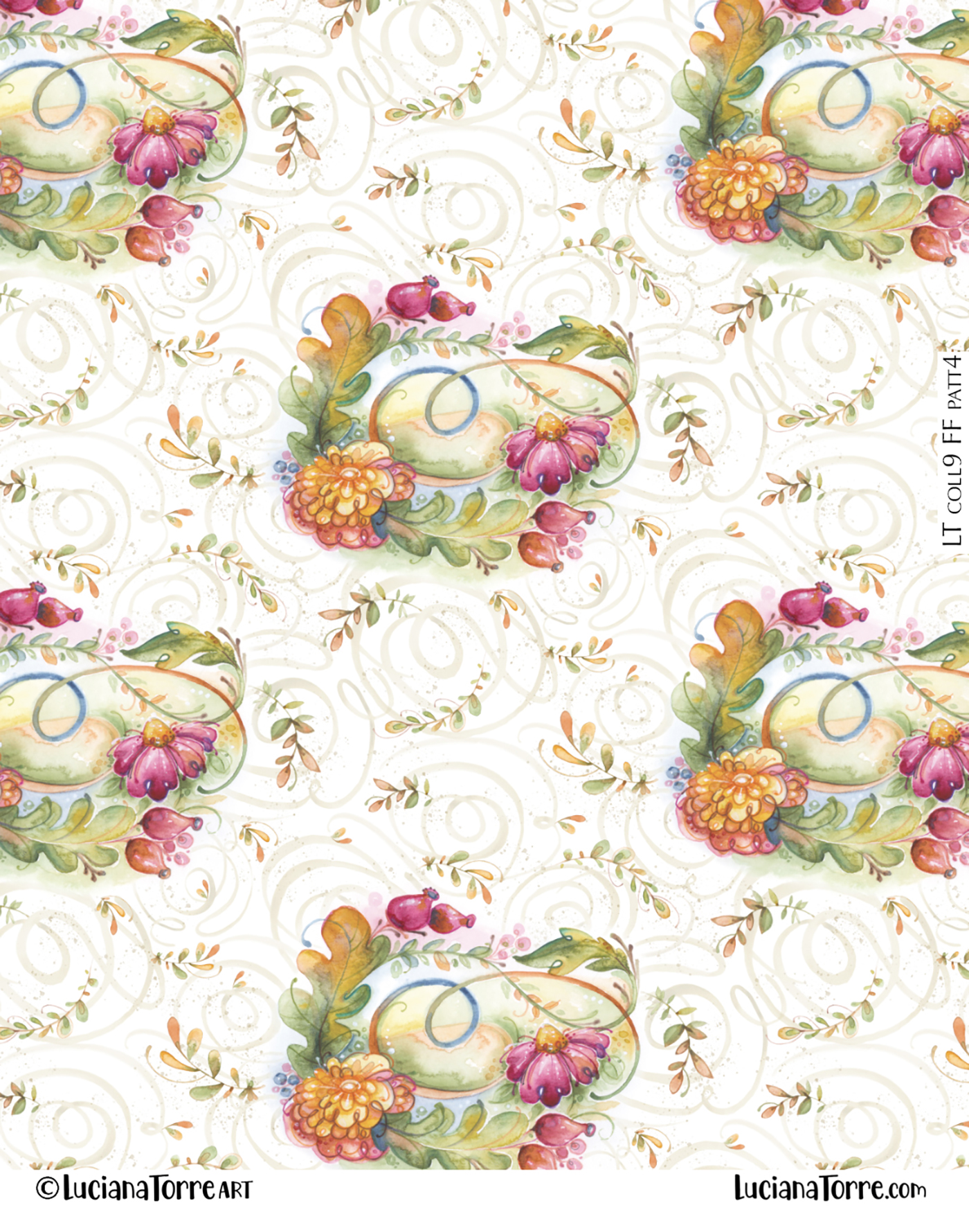 bohemian fall flowers pastel design in earthy green and ocher brown with golden yellow chrysanthemum and pink daisies with falling leaves and rose hip berries. Feminine bouquet of autumn florals pattern repeat hand painted in watercolours by floral artist Luciana Torre Art