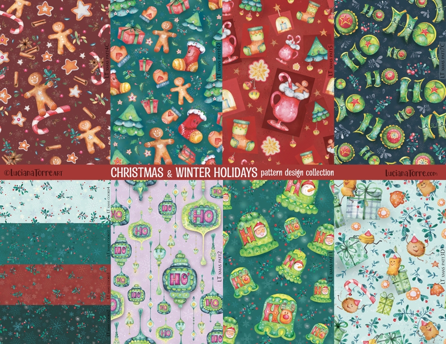 cozy Christmas pattern prints featuring cheerful Christmas illustrations full of peace, love and winter sweet treats. merry christmas and cozy winter holiday designs with festive hand drawn lettering and illustrated fonts. funny food winter illustrations of ginger cookies, sugarcane, christmas tree and christmas socks, vintage bells and retro style ornaments. boho Christmas pattern repeats and hygge winter icons print design collection hand painted in watercolours by Luciana Torre Art