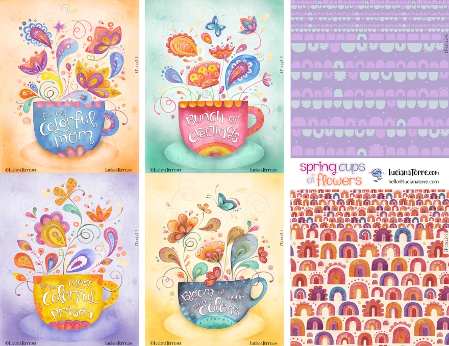spring cups of flowers designs is a joyful collection of floral bouquets blooming from cute cups of herbal tea with positive and encouragement quotes. playful floral illustrations and cute rainbows in simple seamless pattern repeat ideal for stationery and paper products as greeting cards and gift bags, children textiles, fashion wear and home decor. spring cups of flowers designs are fairy garden botanical prints hand painted in watercolours with trendy colours by floral artist Luciana Torre