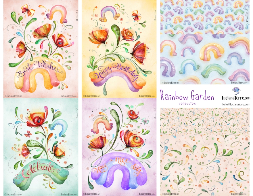 Rainbow Garden design pattern collection is a joyful collection of floral bouquets blooming from cute rainbows with delicate hand drawn letterings. feminine illustrations ideal for stationery and paper products as greeting cards and gift bags, along trendy bohemian prints in pattern repeats ideal for textiles, fashion wear and home decor. Botanical designs hand painted in watercolours with pastel on-trend color by floral artist Luciana Torre