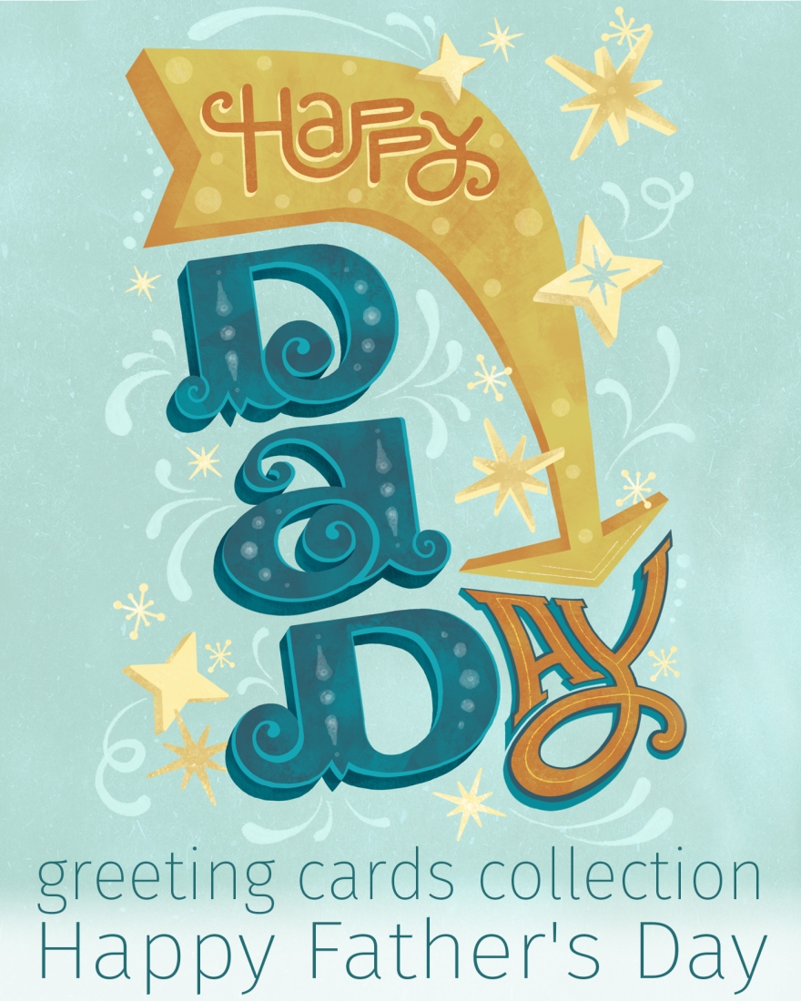 Happy Father's Day greeting card with retro signal illustration and festive hand drawn lettering by Luciana Torre. Cool vintage lettering art with fun illustrated fonts is ideal for stationery and gift products for him as greeting cards and gift bags. Decorated fonts designed by lettering artist Luciana Torre
