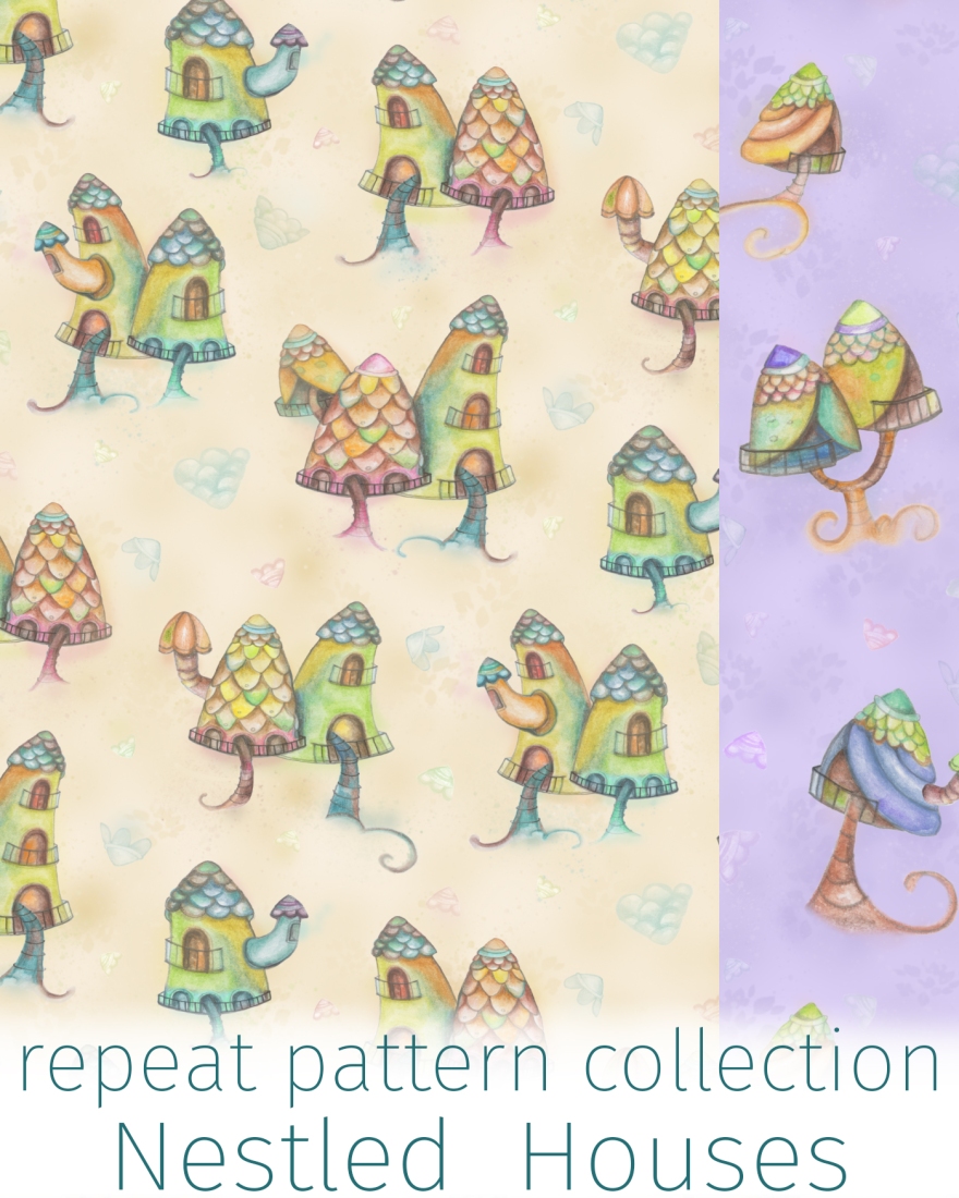 Whimsical children print design of fairy landscape with dollhouses, hand painted in watercolor with pastel color palette of creamy yellow, pastel pink and light green and purple. This delicate baby print design with cute playhouses and fairy houses is painted by hand in vintage style and naif look. Perfect pattern for kids textiles, nursery and baby room decor and children fabrics. Playful hand-painted children's illustrations by textile designer Luciana Torre Art