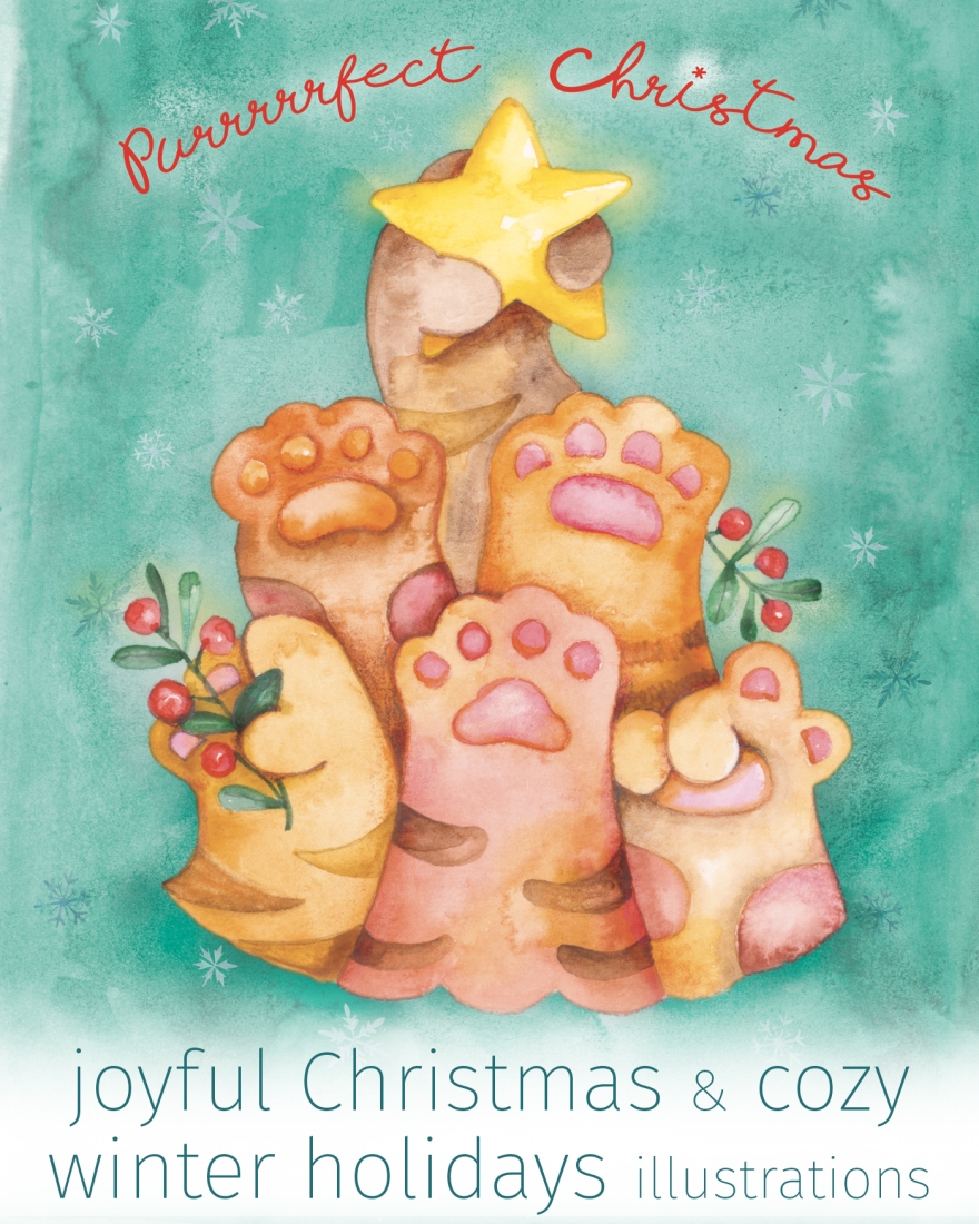 happy meaow Christmas illustration of alternative christmas tree made with cat paws hanging mistletoe and star. This seasonal watercolour cat illustration in cozy winter holiday scene by Luciana Torre Art is available for licensing on greeting cards