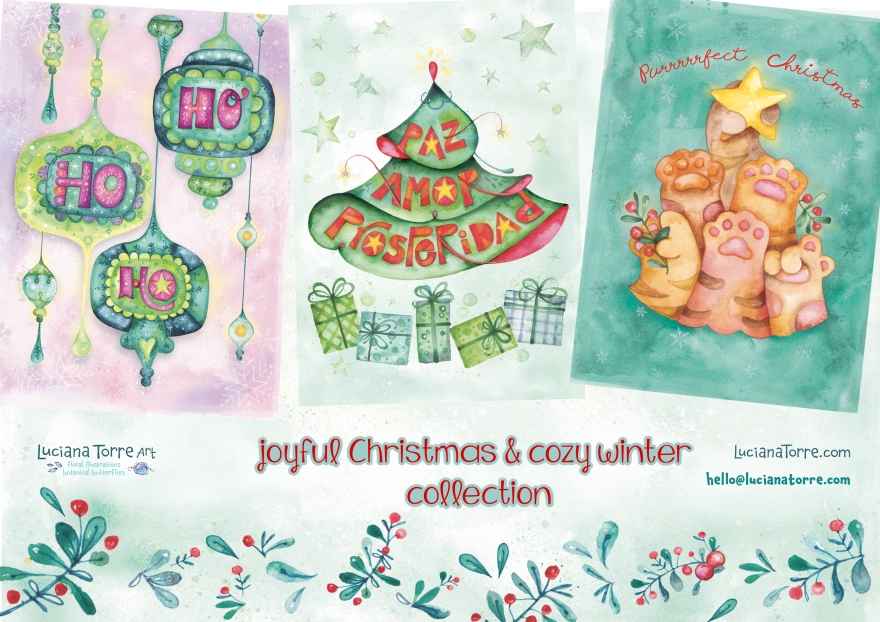 joyful Christmas illustrations hand-painted in watercolors featuring winter holiday scenes and vintage christmas ornaments, along christmas hand drawn lettering and illustrated fonts. retro style illustrations of ginger cookies, christmas tree and christmas socks, vintage bells.